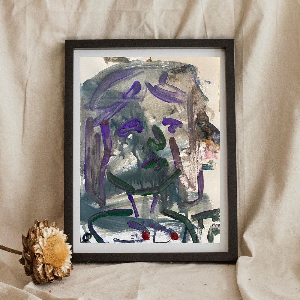 OMAN Original Portrait Painting Abstract Expressionist Art 8.5x11 Figure Purple